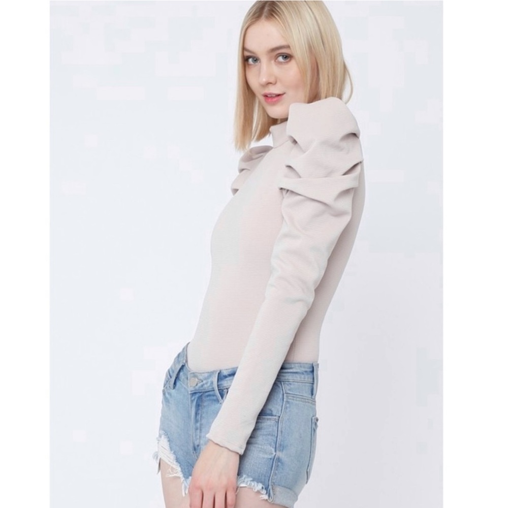 White Long Puff Sleeve Ribbed Bodysuit - Picture 2 of 5